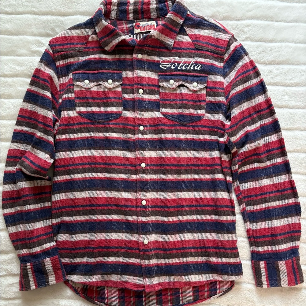 Vintage Gotcha Mens Pearl Snap Striped Flannel Large Y2K 90’s Surf Punk